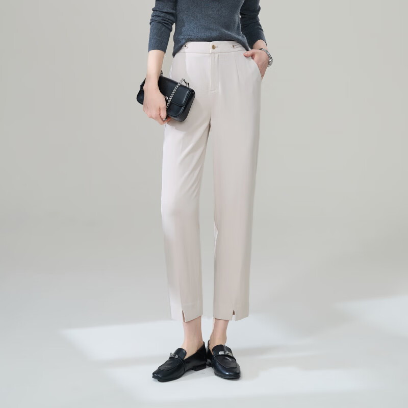 逸阳（ESE-Y）女士直筒休闲裤春夏八分裤新品舒弹通勤百搭  米杏色 32