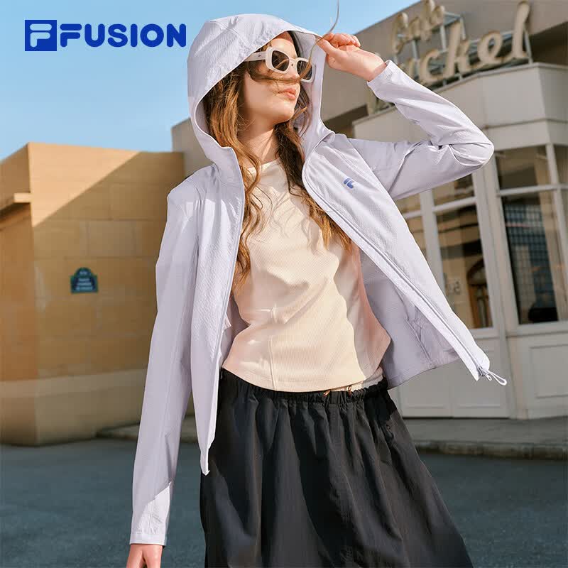 FILA FUSION斐乐潮牌梭织外套女2026夏新款修身凉感连帽防晒上衣 浅紫-PU M 165/84A/M