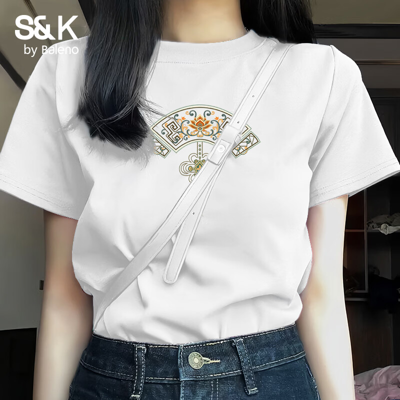 班尼路（Baleno）S&amp;K100%纯棉短袖T恤女2026年夏季女装新款简约时尚百搭国风上衣 白#传统一纹样 S
