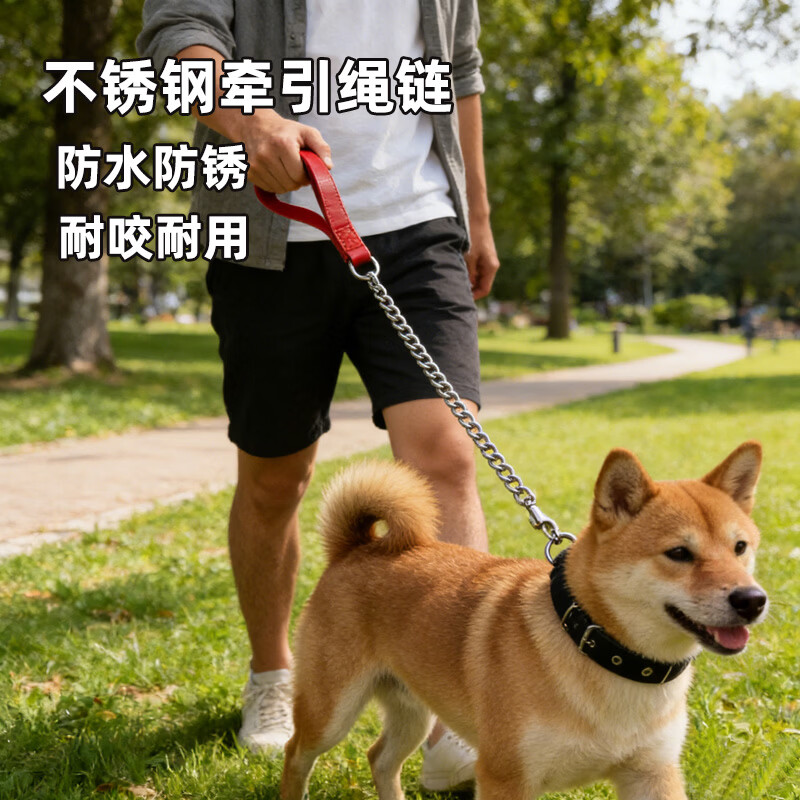 斯派科铁链狗绳狗狗不锈钢牵引绳防咬遛狗绳小中大型犬铁绳拴狗耐用套装 不锈钢链(1.5米直径3.0mm)+黑色项圈L码[18-35斤】