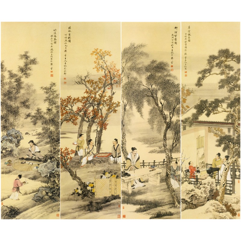 桔舍 李子牧工笔画白描底稿琴棋书画四条屏初学者临摹画稿原大尺寸40*