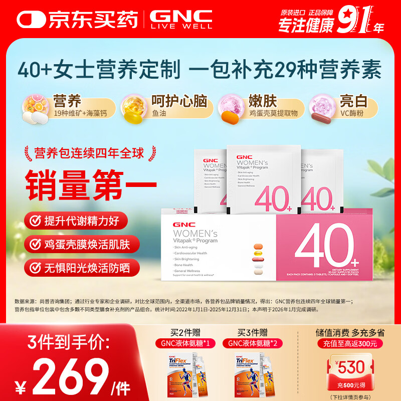 GNC健安喜女士营养包40+复合维生素b族鱼油钙维生素c保健品30袋/盒