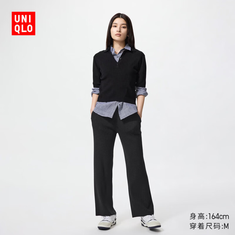 优衣库常规款女装可机洗罗纹针织长裤 473802 482244 470173 473802/09黑色 XS