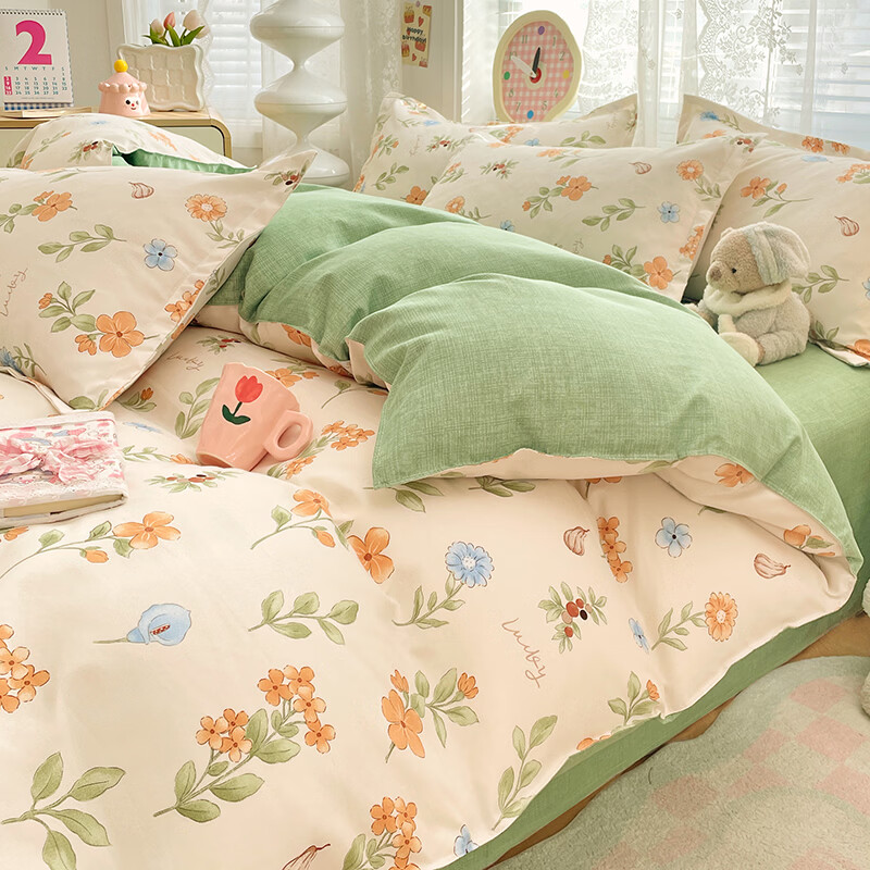 软贝小清新四件套 透气亲肤印花卡通简约田园风被套床单款套件 春田花花 2.0m 床单款 四件套（被套200*230cm）