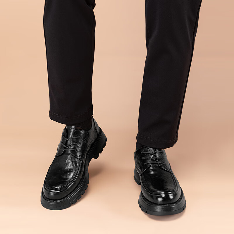 Walker Shop高端皮鞋男款2026新款厚底增高商务休闲皮鞋夏季透气头层牛皮鞋男 高档黑色【品牌男鞋 礼盒包装】 40