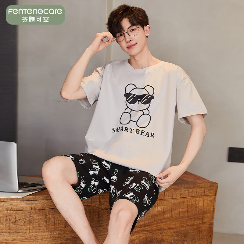 芬腾可安(FENTENGCARE)【N】男士圆领睡衣夏季卡通简约短袖短裤套装宽松大码休闲家居服 57062 M