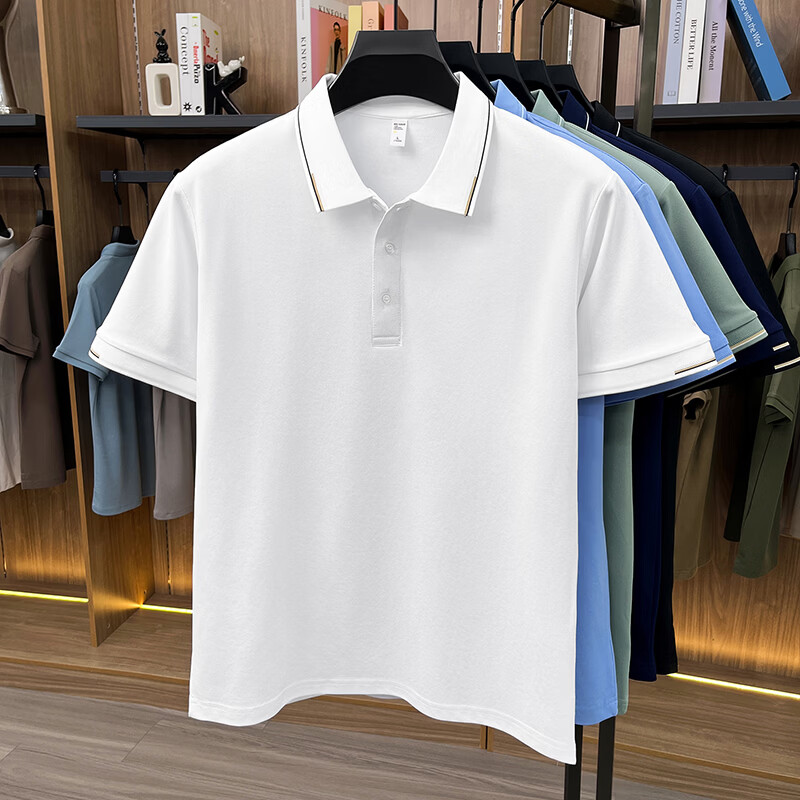 尺度保罗冰丝棉夏季翻领短袖T恤男士薄款宽松透气纯色百搭POLO衫大码上衣 BZ26601浅蓝 M 推荐90-120斤