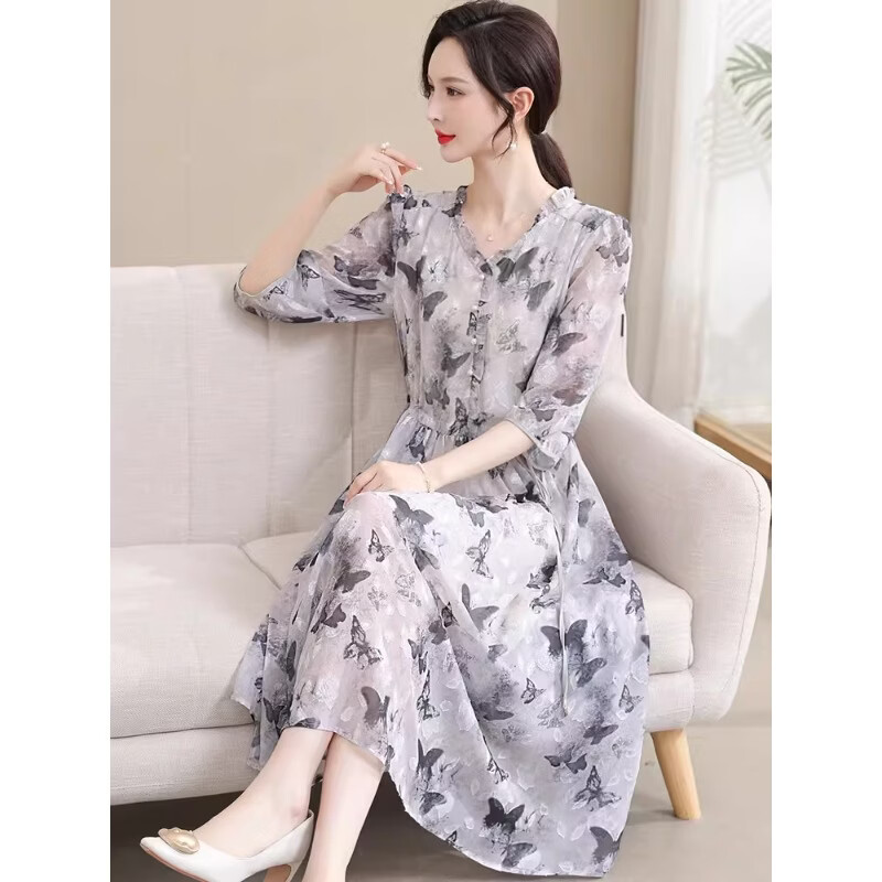 ROMON夏装碎花裙子高端中长款洋气中老年女装收腰显廋连衣裙女装连衣裙 粉色 XL 【建议95-115斤】