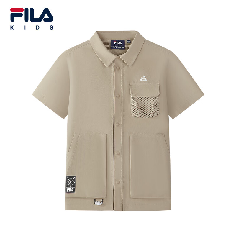 FILA 斐乐童装男大童外套2026夏季新款儿童短袖衬衫 卡布奇诺卡其-LK 140