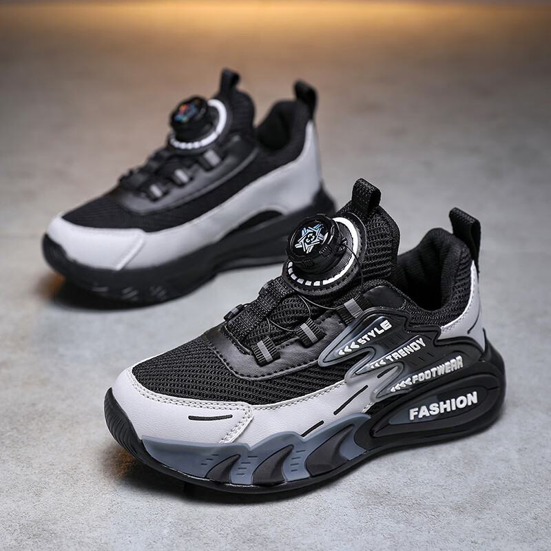 贝天熊童鞋男女童春夏网面运动鞋透气休闲鞋旋转纽扣革面男童网跑鞋 1805黑灰【春秋双网】 32 内长20.2/脚19.2