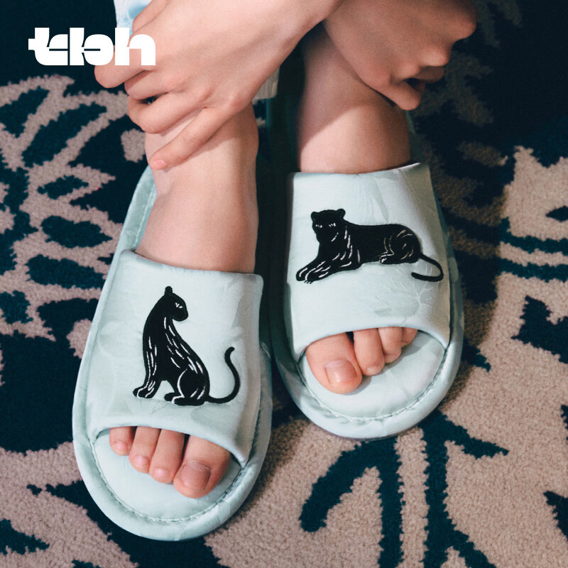 野兽派家居（tbh）都市野兽黑豹提花开口拖可外穿室内家居鞋夏季拖鞋 黑豹提花开口拖鞋 雾蓝 36-37