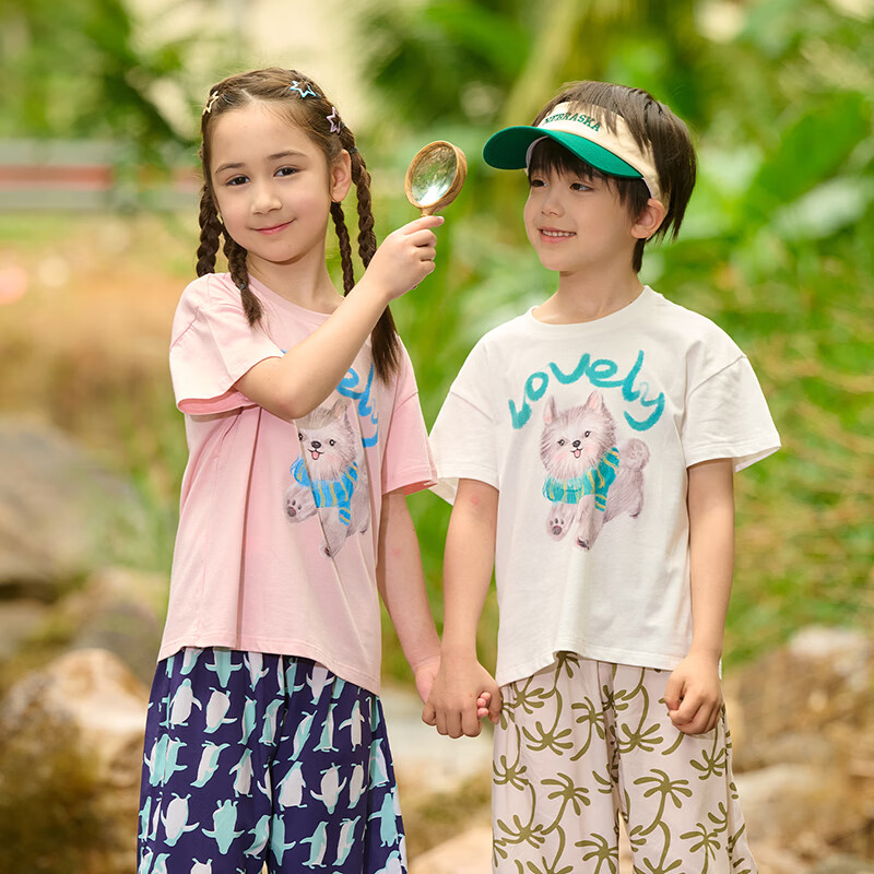 棉花堂（cottontown）【100%棉】棉花堂童装儿童短袖T恤纯棉A类抗菌男女童小狗印花上衣 本白 90 90/52