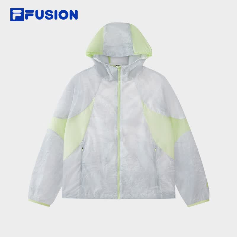 FILA FUSION斐乐潮牌梭织外套女2026夏新款拼色宽松防晒连帽上衣 果新绿-GN S 160/80A/S