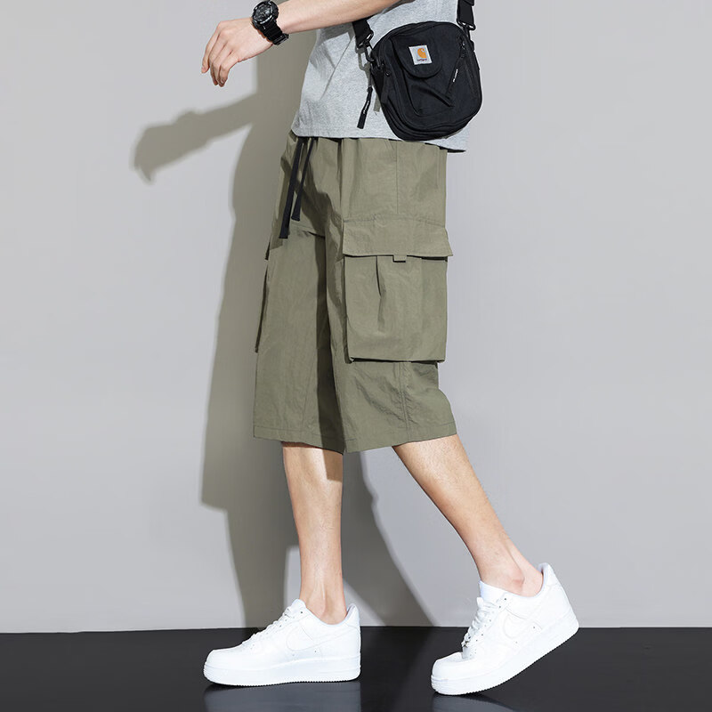 猫人七分裤男款夏季薄款冰丝休闲裤男士宽松运动中裤工装7分裤子 09黑色 七分裤 3XL 推荐155-175斤