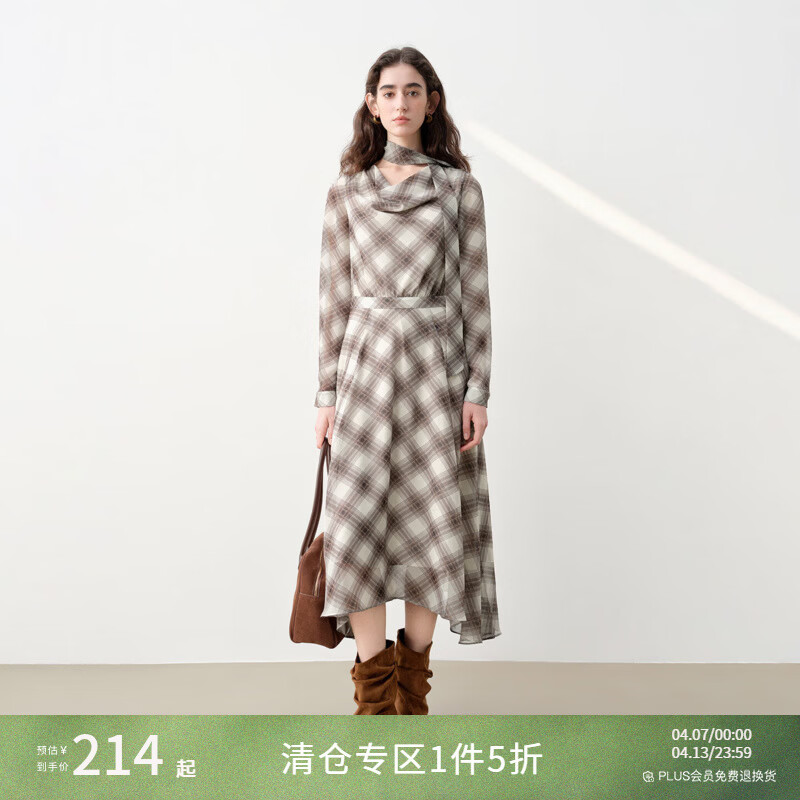 自巧【定格】小个子胶囊系列格纹荡领飘带连衣裙女2026年春季新品 米棕格 XS （尺码：2）