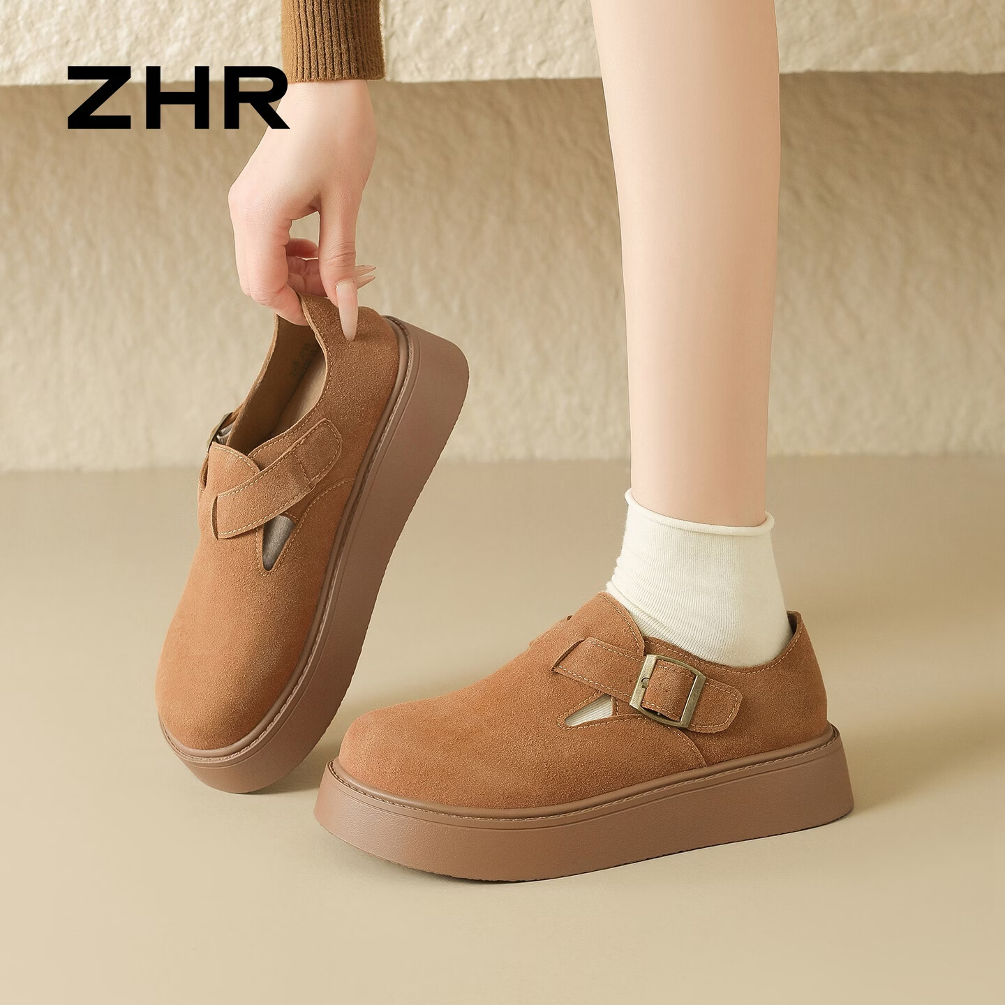 ZHR则则勃肯鞋女新款厚底增高女鞋休闲包头套脚单鞋女 JF98 驼色 37