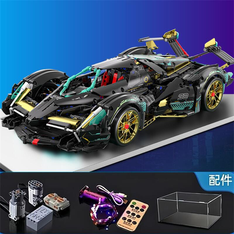 山头林村新款蓝宝坚尼V12电动遥控跑车拼装积木生日暑假礼物玩具男生 【版】黑武士-双遥控动力+豪华遥控灯+展示盒