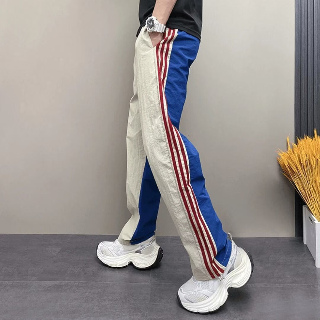 罗鸣老人【高档轻奢】美式复古拼接撞色休闲裤男三条杠宽松设计感直筒长裤 蓝色 XL （建议130-150斤）