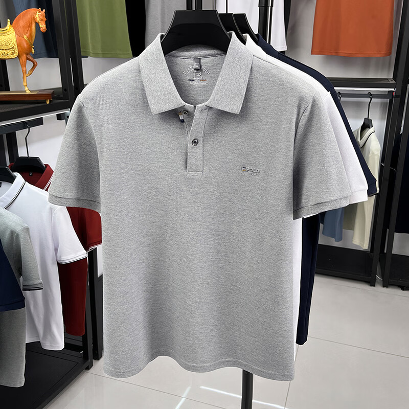 尺度保罗男士翻领短袖T恤夏季薄款冰丝透气商务休闲POLO衫半袖宽松大码 HE7732灰色 3XL 推荐175-190斤