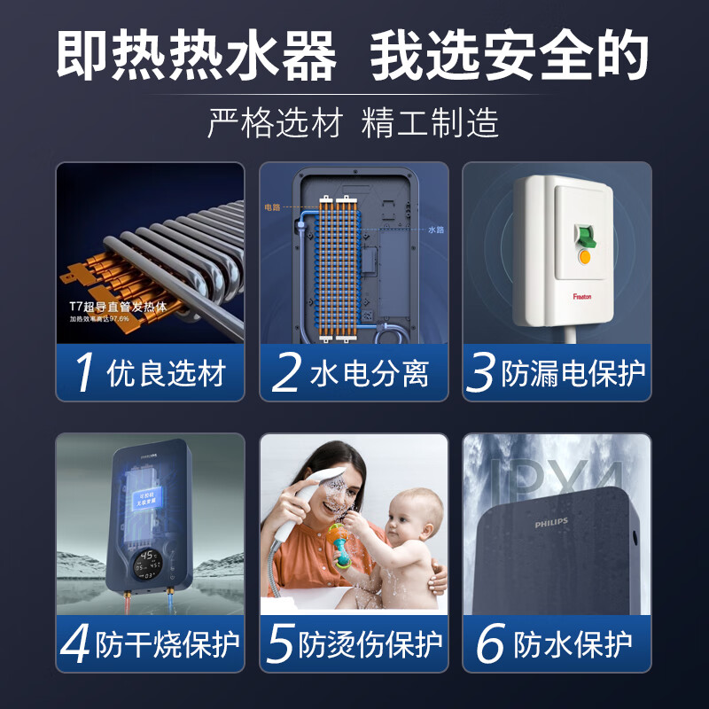 飞利浦(PHILIPS)即热式电热水器 电即热8500W速热无极变频智能恒温无胆免储水 淋浴洗澡水电分离AWH1028/93
