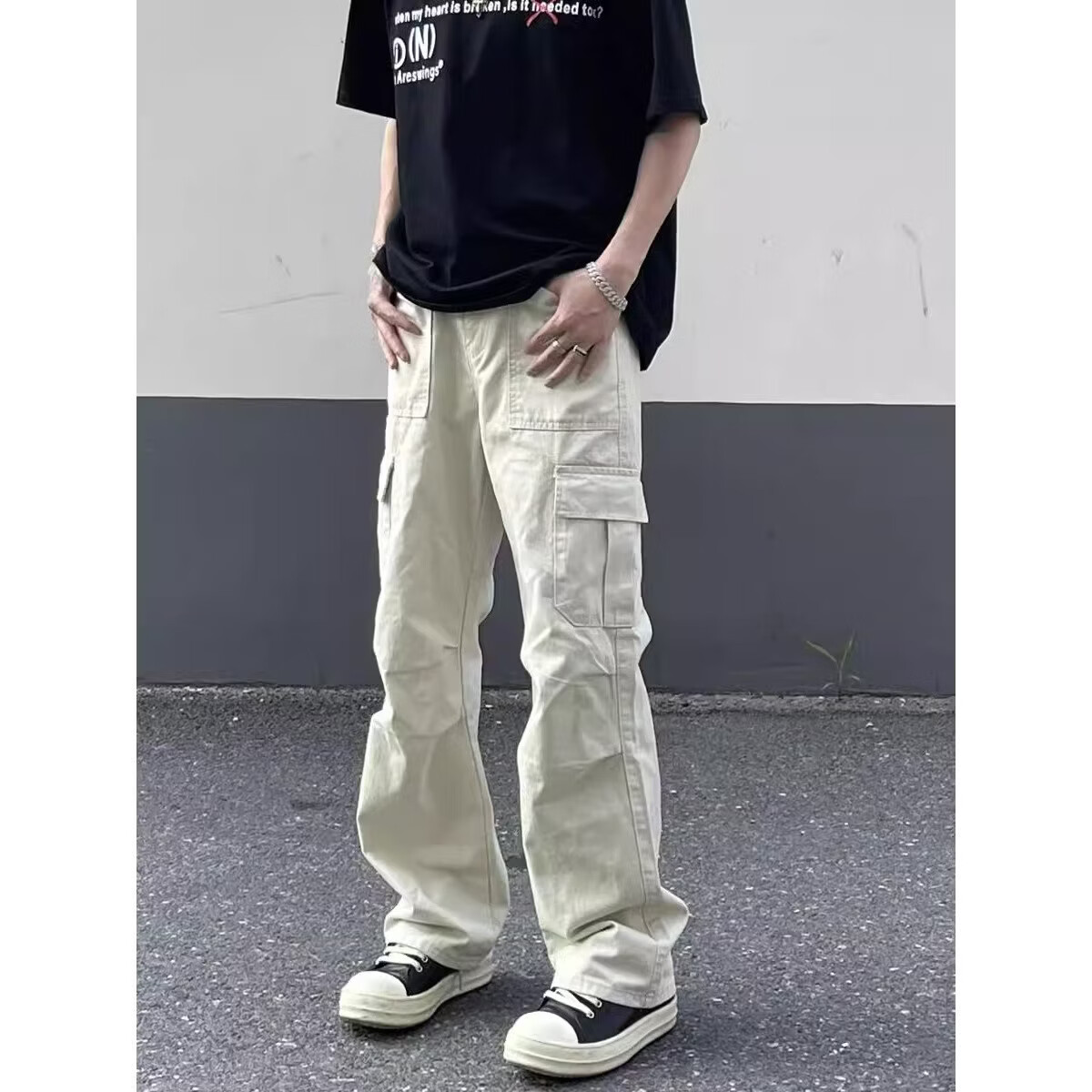 春夏季米白色美式工装裤男大码褶皱多口袋直筒裤休闲裤子CLQ 米白色 M (建议100-120斤)