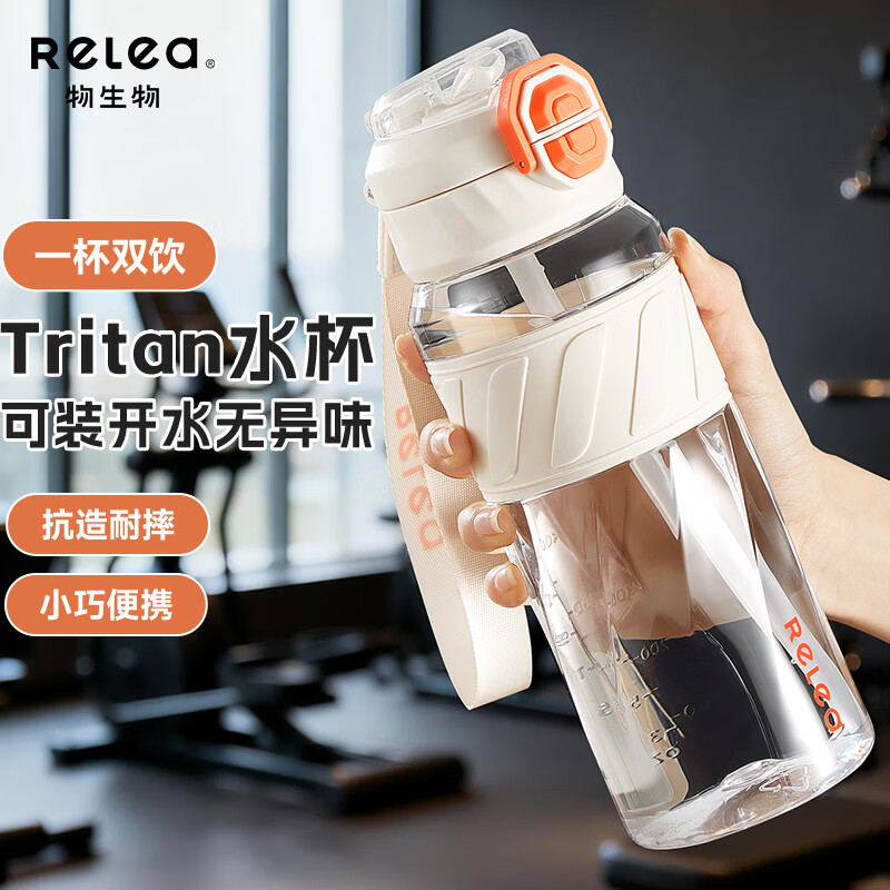 物生物(RELEA)运动水杯男女士耐高温tritan塑料杯子学生夏季便携大容量健身水壶 星轨白750ml【直饮+吸管】