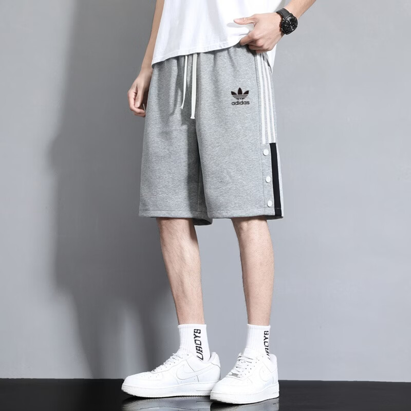 Y-3夏季阿迪三叶草刺绣logo纯棉运动短裤针织宽松大码休闲透气五分裤 浅灰色 2XL 建议体重140-160斤
