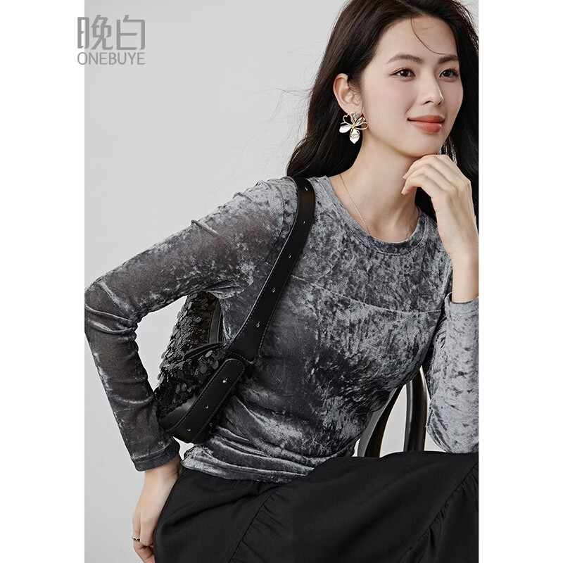晚白2026年春款时尚光泽感丝绒网纱上衣捏褶收腰显瘦弹力百搭T恤衫女 灰色 M