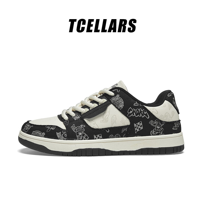 Tcellars男鞋秋冬新款板鞋男涂鸦撞色设计低帮厚底情侣女鞋运动休闲鞋子男 夜空黑 41