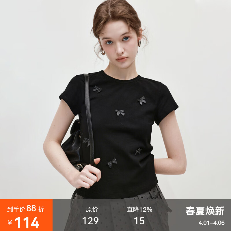 fano studios范洛蝴蝶结拼接圆领短袖T恤2026夏季新款简约风正肩设计感上衣女 黑色 L （25天内发货）