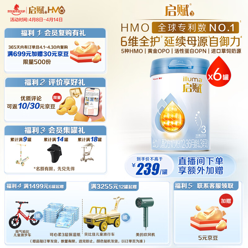 惠氏（Wyeth）启赋蓝钻【加量装】HMO幼儿配方奶粉3段(12-36月)850g*6罐 OPO