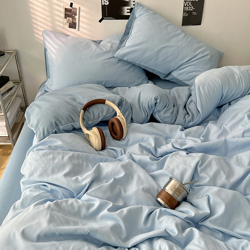 雅鹿ins简约水洗棉被套床单被罩学生宿舍三件套150x200双人纯色四件套 远天蓝【10A抗菌 可裸睡】 1.2床单三件套 床单款 （被套150*200cm）
