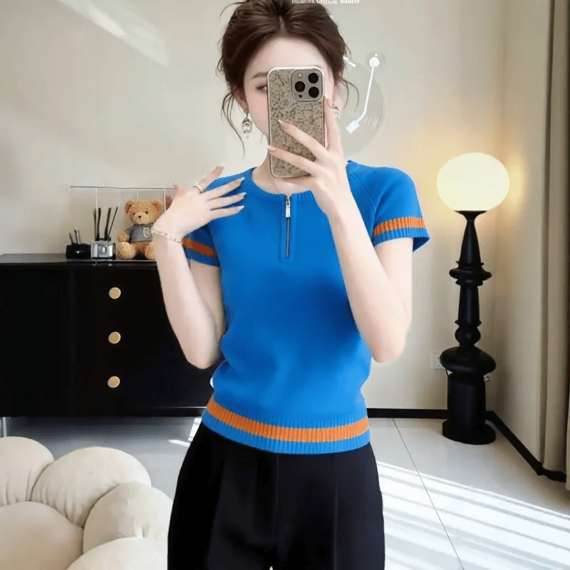 蓝色半拉链短袖针织衫女2026年夏季新款短款修身T恤百搭显瘦上衣 蓝色 2XL 【建议120-135斤】