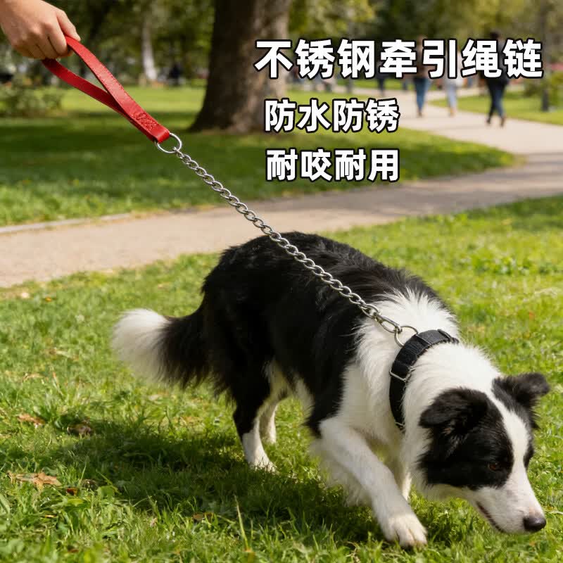 斯派科不锈钢牵引绳户外遛狗绳304金属防咬防锈防缠狗铁链子小中大型犬 黑色手柄直径3.0mm+黑色项圈L码[18-35斤】 长度：150cm