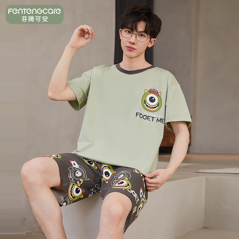 芬腾可安(FENTENGCARE)【N】男士圆领睡衣夏季卡通简约短袖短裤套装宽松大码休闲家居服 57062 M