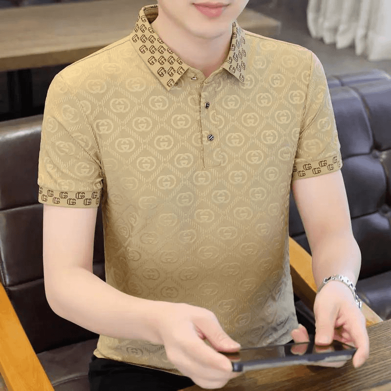 夏季新款高档男士短袖t恤中年翻领商务休闲时尚POLO杉 卡其色 XL 130-145斤