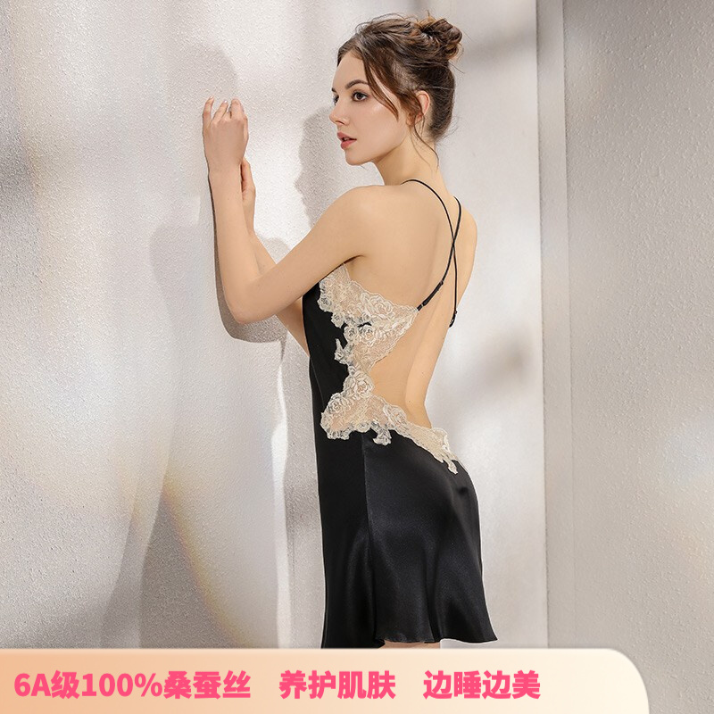 狄兰丝重磅性感真丝吊带睡裙女春夏季薄款100%桑蚕丝家居服女复古V领蕾丝拼接露背吊带裙诱惑丝绸家居服 玛瑙黑 160M（(19姆米重磅真丝)