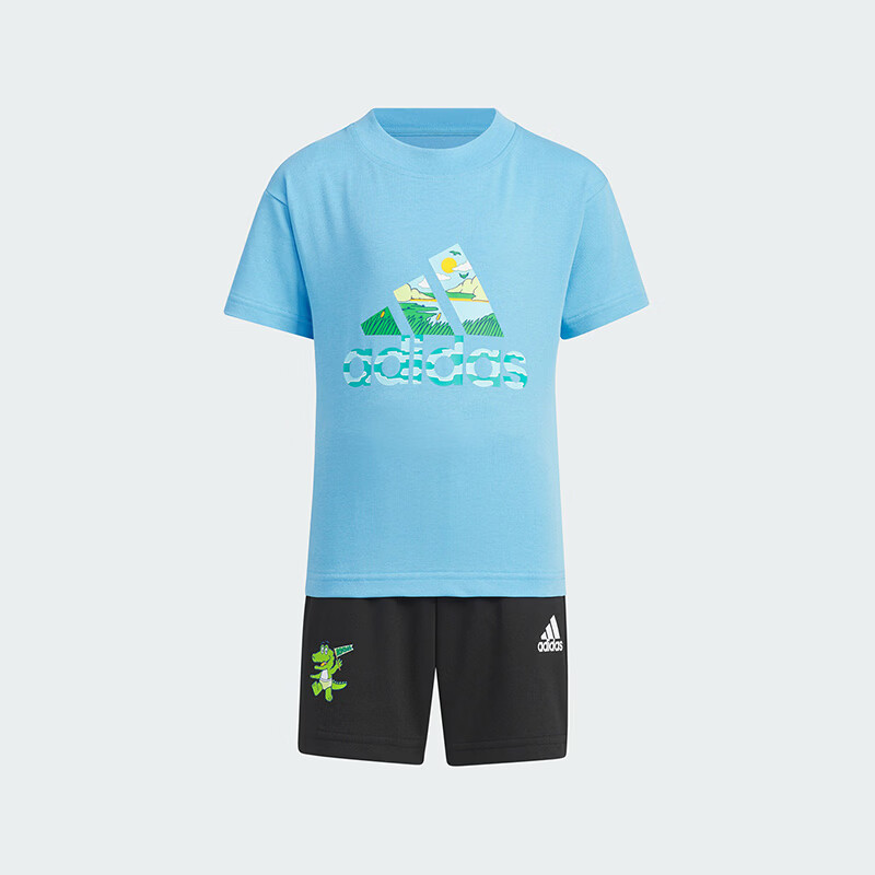 阿迪达斯（adidas）儿童印花运动休闲短袖圆领套装JF3855 蓝色 122
