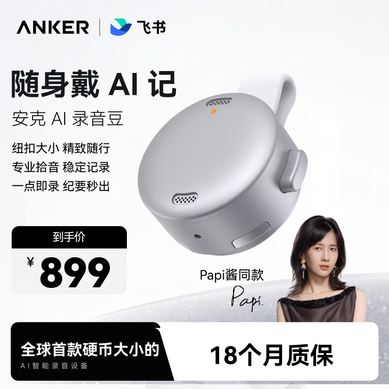 ANKER【papi酱推荐】8G安克飞书AI录音豆智能转文字会议纪要总结麦克风录音卡神器笔小巧商务办公钛空银