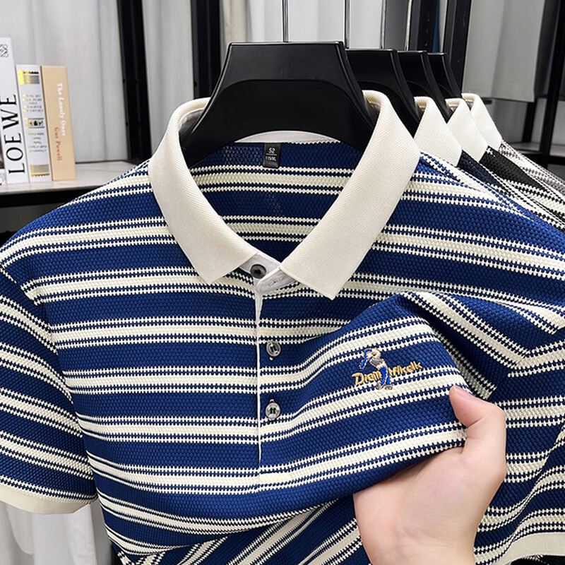 新款夏季男士高端条纹短袖T恤休闲翻领半袖POLO衫 蓝色 2XL 【建议体重150-170斤】