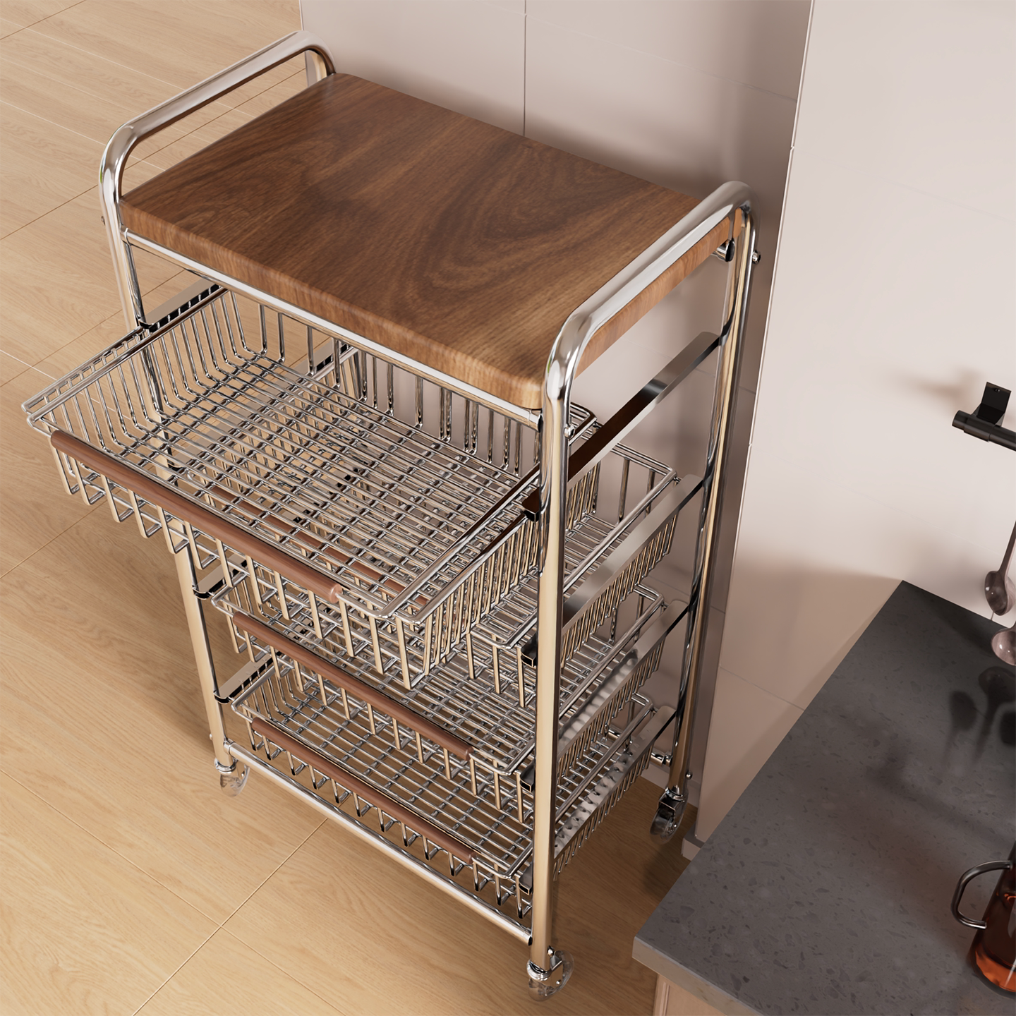 咏幻中古风厨房置物架小推车多功能夹缝多层果蔬菜篮零食可移动收纳架 加宽款 四层黑岩轮