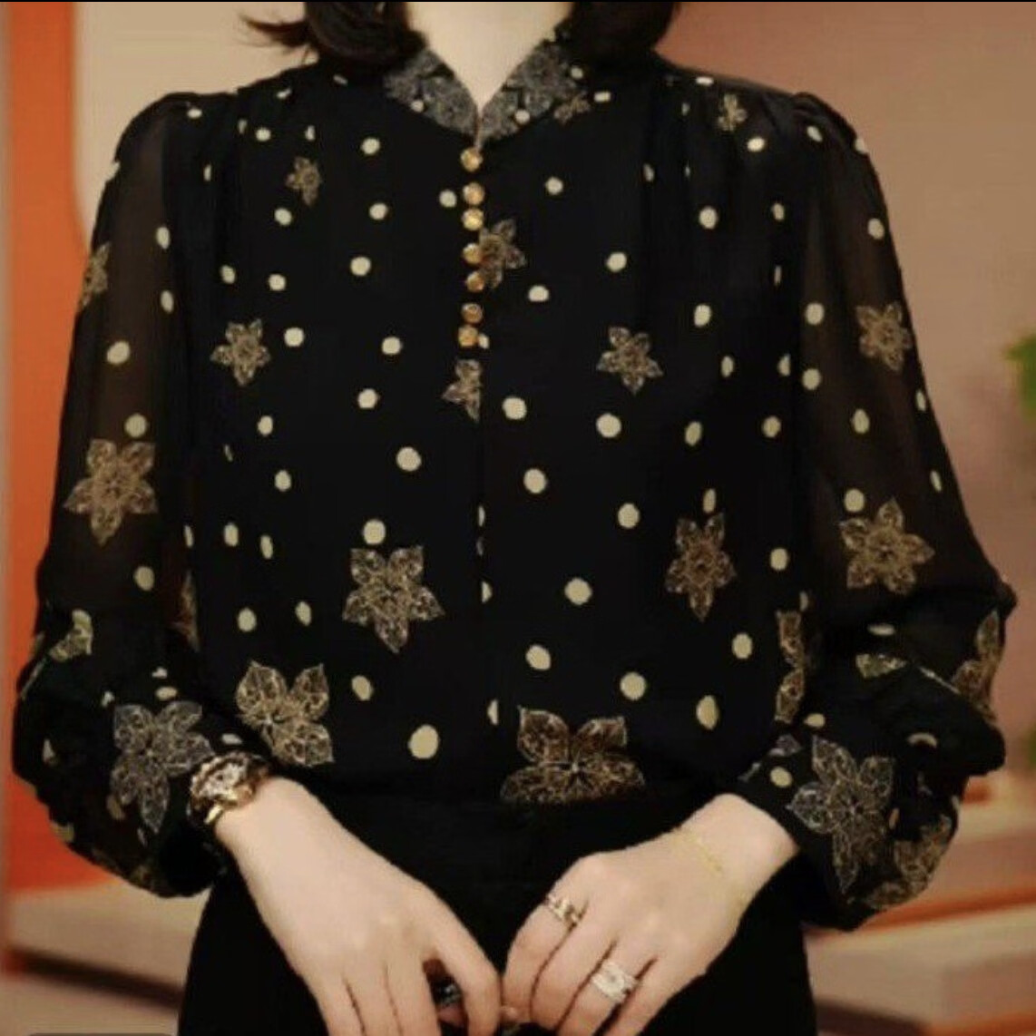 时尚波点印花立领衬衣女春夏新款宽松遮肉长袖洋气妈妈装薄款上衣 4XL 【145-160斤】