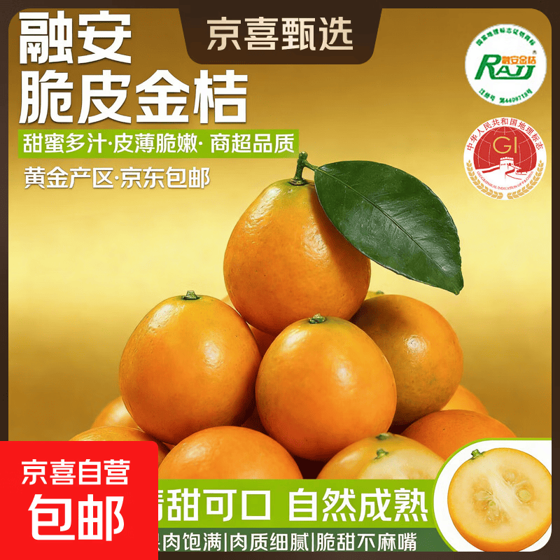 正宗广西脆皮金桔融安滑皮金柑当季新鲜水果年货送礼物脆产地直发 【2号特大果】独立糖果包 净重3斤【力荐】