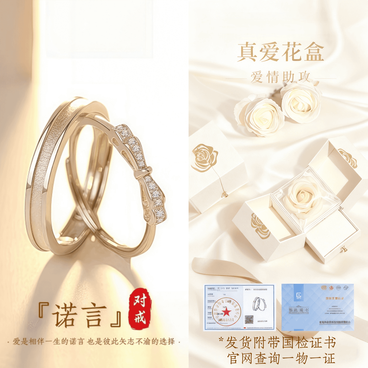 JIUZUANCAI999足银诺言情侣对戒指指环轻奢高级感情人节520生日礼物纯银饰品 【诺言】男女一对【品牌官方礼盒+999证书】