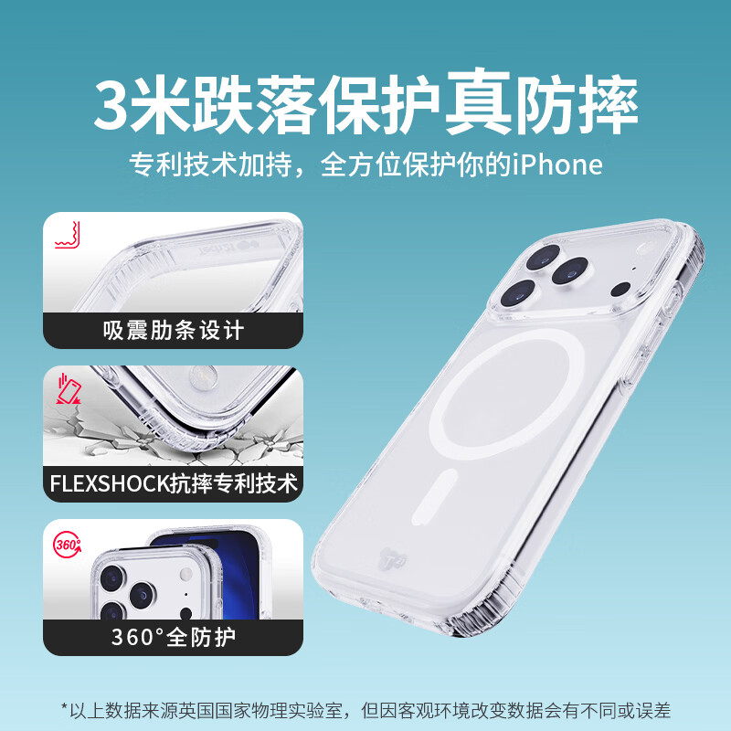 TECH21苹果专用手机壳软壳磁吸透明手机壳贴膜镜头膜三件套装17promax/17pro手机保护套防窥高清贴膜 透明手机壳贴膜镜头膜三件套（高清膜） 苹果17ProMax