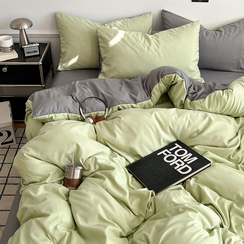 雅鹿ins简约水洗棉被套床单被罩学生宿舍三件套150x200双人纯色四件套 绿浅灰【10A抗菌 可裸睡】 2.0床单四件套 床单款 (被套200*230cm)