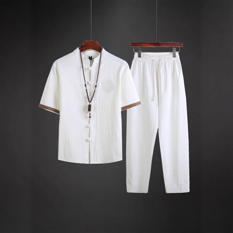 隐形都市莫代尔棉麻两件套中国风夏季亚麻套装中式唐装汉服茶禅服男士睡衣 黑色【上衣+裤子】两件套 当季新品 5XL 200-220斤