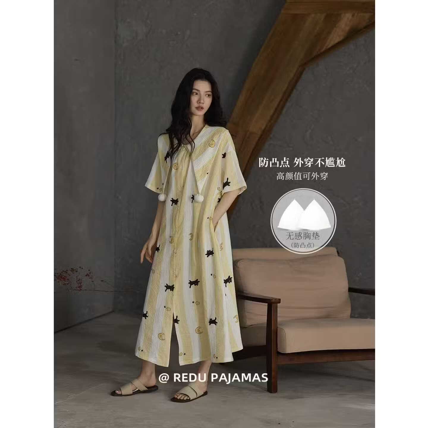 热妒可爱黄色条纹猫咪纯棉纱布短袖睡裙女夏季大码宽松带胸垫睡衣 53742睡裙（带胸垫防凸点） XL 170(XL) 体重145-170斤
