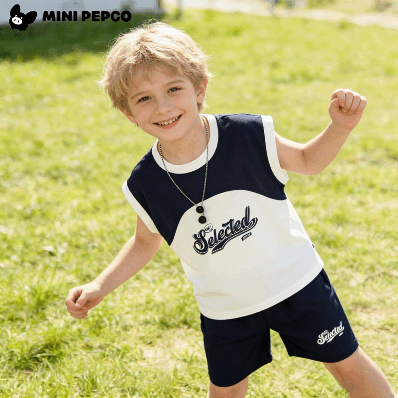 小猪班纳（PEPCO）夏季新款男童T恤韩版字母拼接无袖珠地儿童套装坎肩上衣五分裤子 KS珠地套装-藏青拼白 160