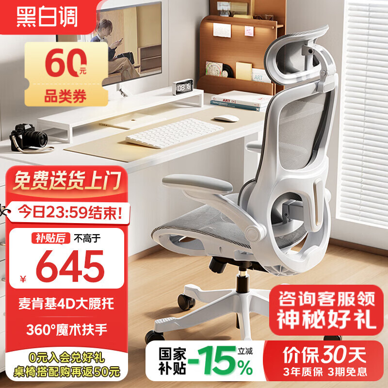 黑白调P2 Pro+二代人体工学电脑椅办公椅学习椅久坐舒适电竞椅4D腰托 P2Pro+二代霜白 4D腰托+360°扶手